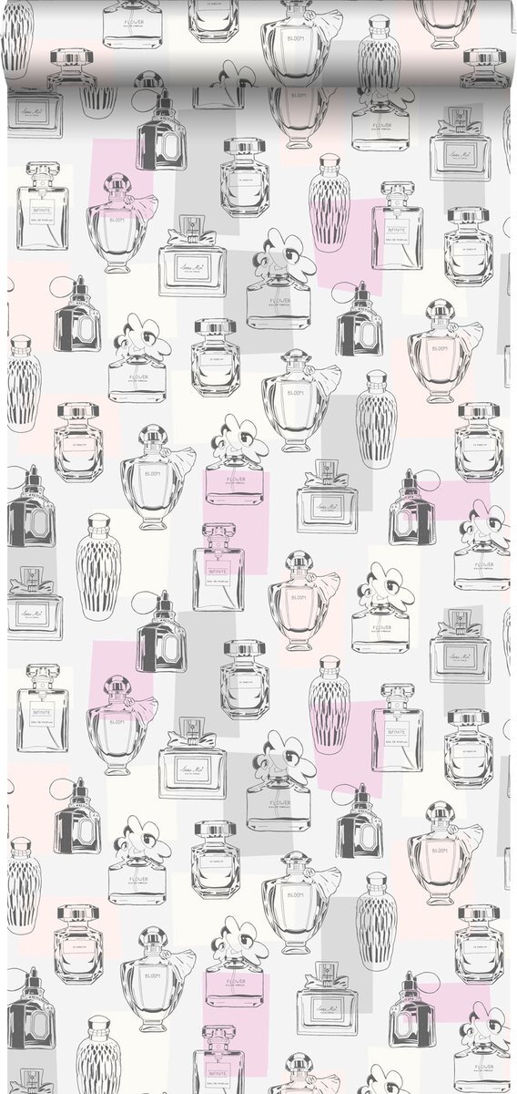 Esta Home behang parfum flesjes lila paars, licht perzikroze, grijs en wit - 138856 - 0.53 x 10.05 m