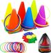 Jeu de lancer d'anneaux - Set de 36 - Jeu de lancer 3 en 1 avec sacs de haricots - Anneaux en plastique - Marqueurs de quilles et sac de transport - Course en sac