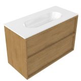 Saniclass Hout Frame Badkamermeubelset - 100x45x73.9cm - Chaci Keramische Wastafel Wit - 1 Wasbak - Zonder Kraangat - 2 Lades - Mat Eiken Natural