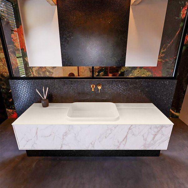 Mondiaz ERIN 150cm badmeubelset onderkast carrara met 1 lade + Wastafel RIDGE midden Linen