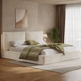MODFU Tweepersoons Opbergbed Met Lattenbodem En Gestoffeerd Hoofdbord - Modern - Ribstof - Beige - 180 x 200 cm