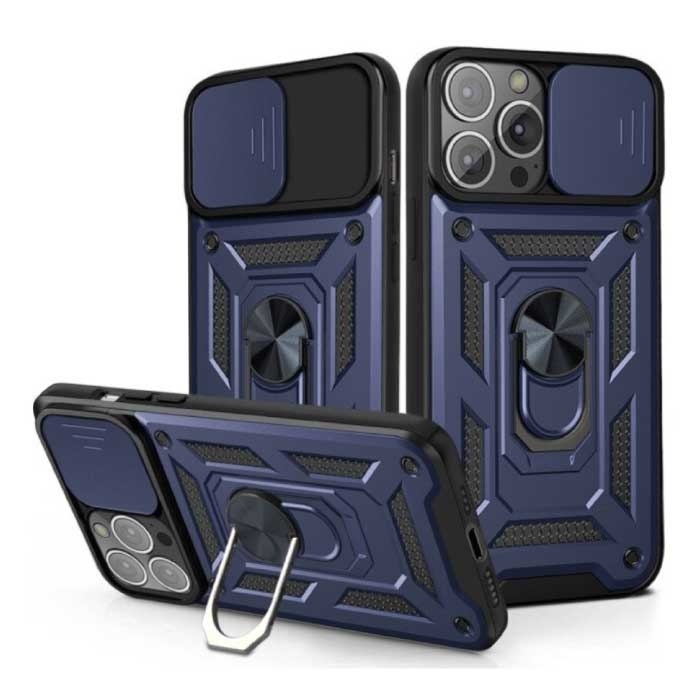 Huikai Huikai iPhone 14 Plus - Armor Hoesje met Kickstand en Camera Bescherming - Pop Grip Cover Case Blauw