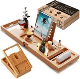 SereneLife Bamboe Badrek met Inklap- en Vergrendelontwerp – Badplank-Badkuiptafel- Uitrekbare Badkuipplank van 76 cm tot 109 cm - Gemakkelijk op te bergen met Vouwscharnieren