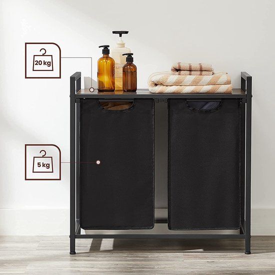 Vasagle Wasmand, Wassorteerder Met Plank En Uittrekbare Zakken Wasorganizer Metalen Frame 2 Oxford Stoffen Afneembare Zakken Rustieke Bruin En Zwart Blh201b01v1