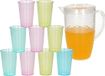 Jja Showroom And Head Office Stevige sapkan/water/schenkkan karaf met deksel 2 liter set met 12x kunststof gekleurde drinkglazen 200 ml