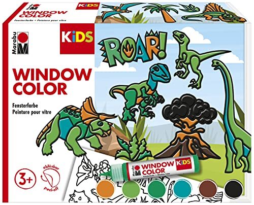 marabu 306000000004 - KiDS "Dinosaurs" raamverfset, 6 x 25 ml raamverf op waterbasis, 2 x A3 en A4 stencils, 30 motieven, voor kinderen vanaf 3 jaar