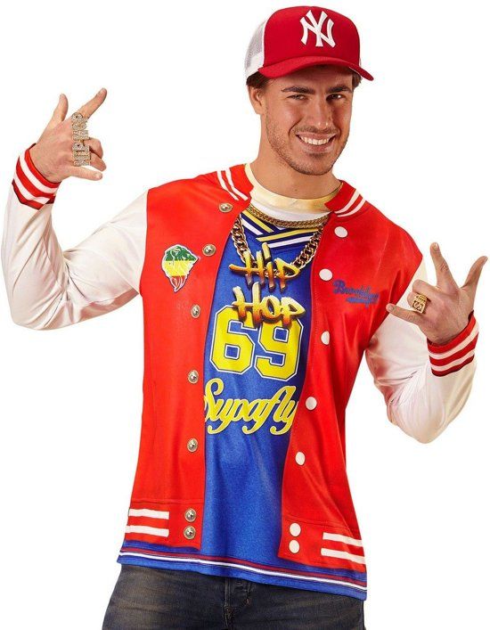Widmann Jaren 80 & 90 Kostuum T-Shirt Lange Mouwen Hip Hop Hank Man XL Carnaval kostuum Verkleedkleding
