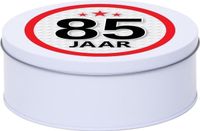 Merkloos / Sans marque 85 Years Snoeptrommel - koektrommel Cadeau - wit - rond blik - met 85 jaar sticker - Cadeauverpakking - verjaardag - Dia blik is 18 cm