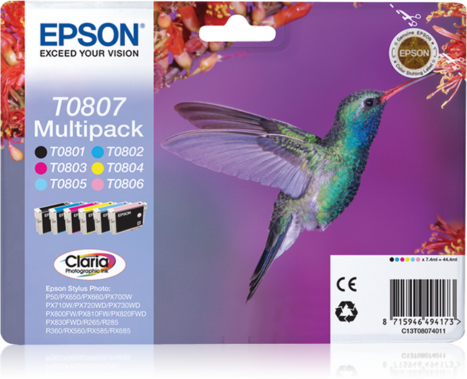 Epson Hummingbird Multipack 6-colours T0807 Claria Photographic Ink single pack / cyaan, geel, magenta, zwart, Lichtmagenta, Lichtyaan