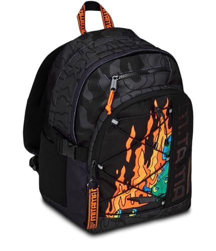 Mitama Hellblack rugzak met drievoudige en PC-tas, zwart en oranje, basisschool en vrije tijd, kinderen jongens, Zwart, Eén maat, Rugzak met drievoudig vak