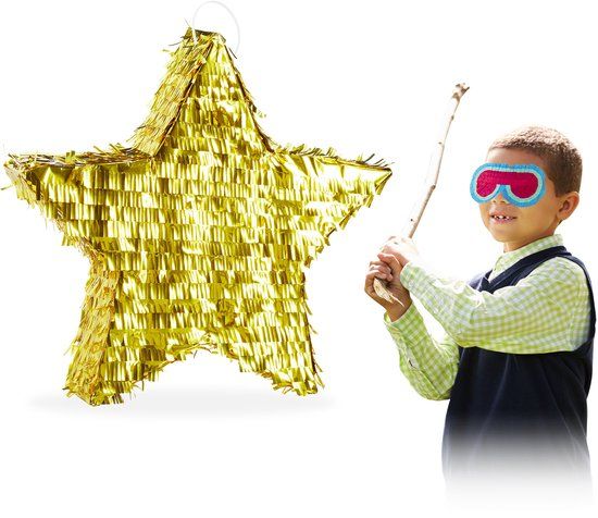 Relaxdays Pinata ster, om op te hangen, voor jongens & meisjes, leuk op verjaardagen, zelf opvullen, papier, goudkleurig