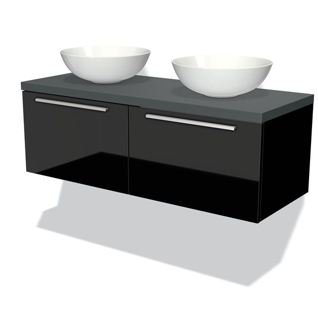 Maxaro Badkamermeubel Modulo Plato 120cm Hoogglans Zwart 2 Lades Vlak Donkergrijs Blad