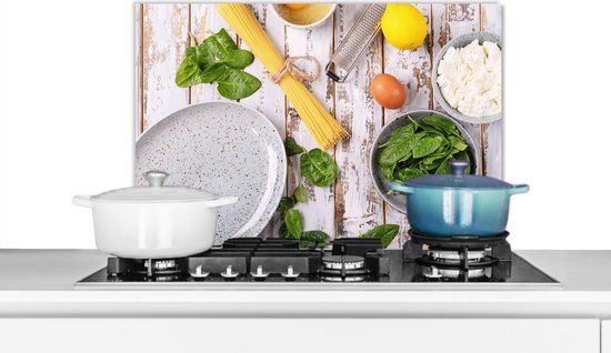 KitchenYeah Keuken Spatscherm 60x40cm - Pasta Kruiden Ei Citroen - Aluminium