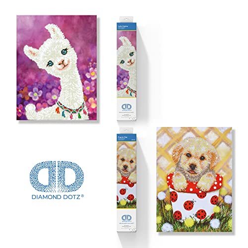 Pracht Creatives Hobby Diamond Dotz 69504 - Diamond Painting plaatjes voor kinderen & volwassenen, doe-het-zelf set met de motieven "Lulu Llama" en "Pup in Pot", evenals bijpassende accessoires.