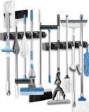 Famanu – Bezemhouder kunststof zwart – Heavy-duty rail met 5 houders en 6 haken, praktische alles-in-één organizer – Voor keuken en garage