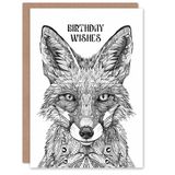 Artery8 Mystical Fox Black White Tribal Folk Art Wishes Blank For Him Or Her Art Birthday Card