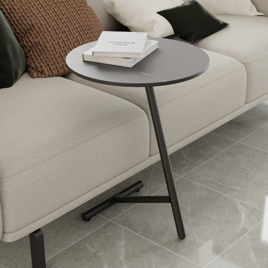 Ronde Bijzettafel - Zwart/Grijs - Marmeren Tafelblad - Metaal Onderstel