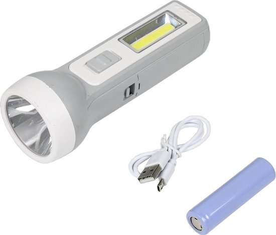 HOFFTECH Zaklamp 1 Watt LED met 1 Watt COB - Oplaadbaar - Grijs