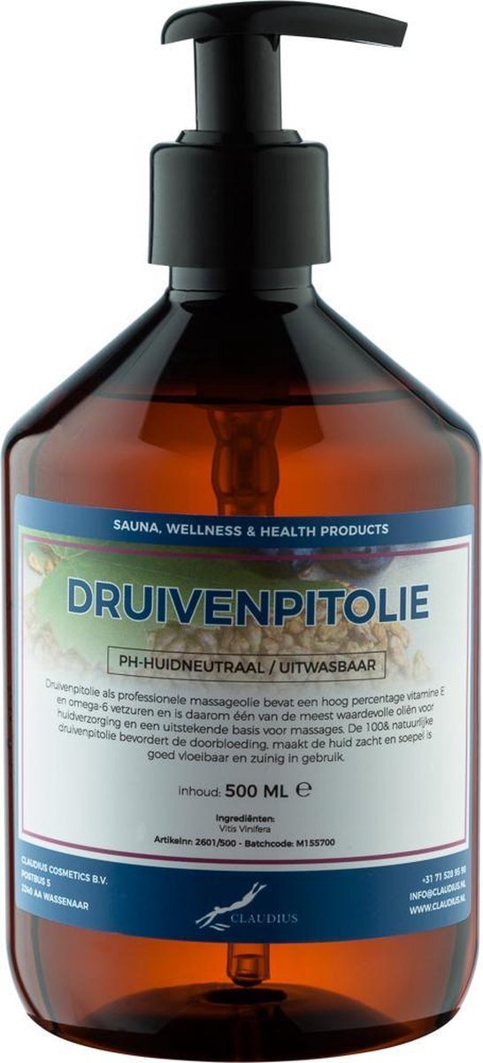 Claudius Cosmetics B.V. Massageolie Druivenpitolie - 100% natuurlijk - 500 ml - met pomp