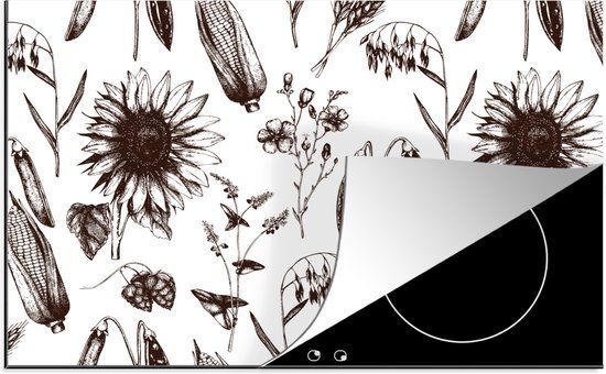 KitchenYeah® Inductie beschermer 77x51 cm - Planten - Zwart - Wit