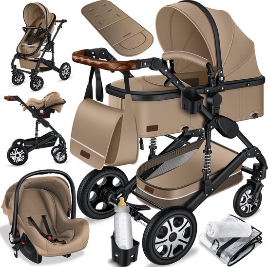 KESSER KESSER® Loops 3-in-1 kinderwagen combi-kinderwagen complete set incl. babykuip & buggy sportzitje & auto-babyschaal - volledig rubberen banden - luiertas / regenbescherming / kindertafel set beige/zwart