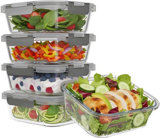 KitchenBrothers Meal Prep Bakjes - Glazen Vershoudbakjes - Luchtdicht - BPA-vrij - 1L - Glas - 5 Stuks