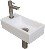 INK - Fonteinpack Porselein Links incl. Fonteinkraan - Design Sifon - Design Plug en Montageset - 360x180x90 Mm - Mat Wit/brushed Nickel