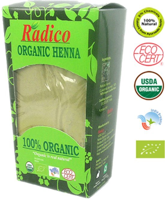 Radico ORGANIC HENNA 100% Natuurlijke BIO Organic Haarverf 0% PPD PTD Ammonia Peroxide etc