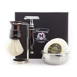 Haryali London 5 Pc Heren Scheerset Dubbele Rand Veiligheid Scheermes met Witte Das Haar Borstel Stand, Kom en Zeep Perfecte Set voor Mannen