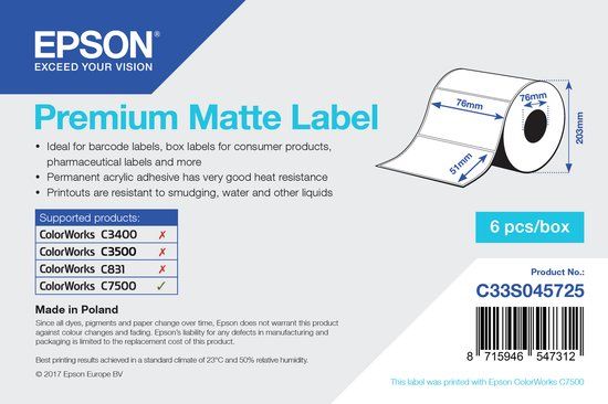 Epson Premium Matte Label - 76mm x 51mm - 2310 Labels - White