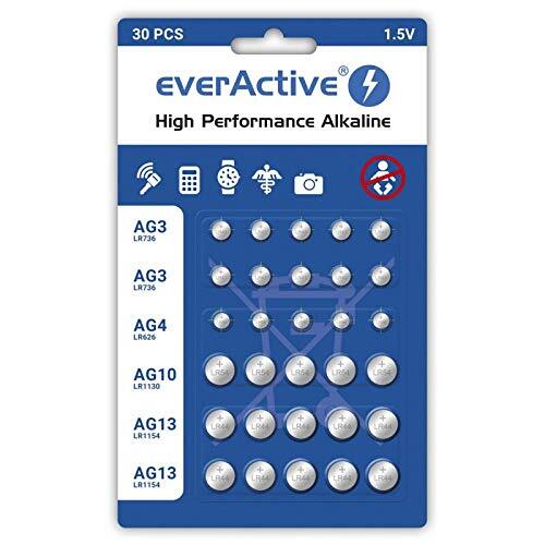 everActive Set 10x AG3, 5x AG4, 5x AG 10, 10x AG13 1,5 V, 30 x batterijen, knoopbatterijen, alkaline, mini, 3 jaar houdbaarheid, 30 stuks – 1 blisterkaart