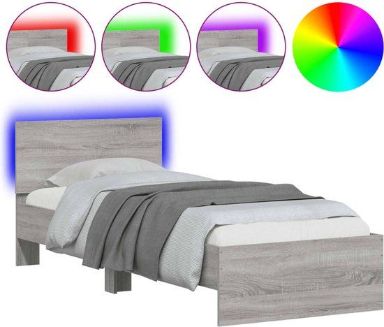 vidaXL Bedframe met hoofdbord en LED grijs sonoma eikenkleur 75x190 cm