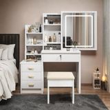 OKWISH Kaptafel Met Spiegel En Verlichting - Drie Lichtstanden Met Dimfunctie - Met Kruk En 4 Lades - Retro Stijl - MDF Wit - 85×36×130 Cm