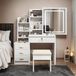 OKWISH Kaptafel Met Spiegel En Verlichting - Drie Lichtstanden Met Dimfunctie - Met Kruk En 4 Lades - Retro Stijl - MDF Wit - 85×36×130 Cm