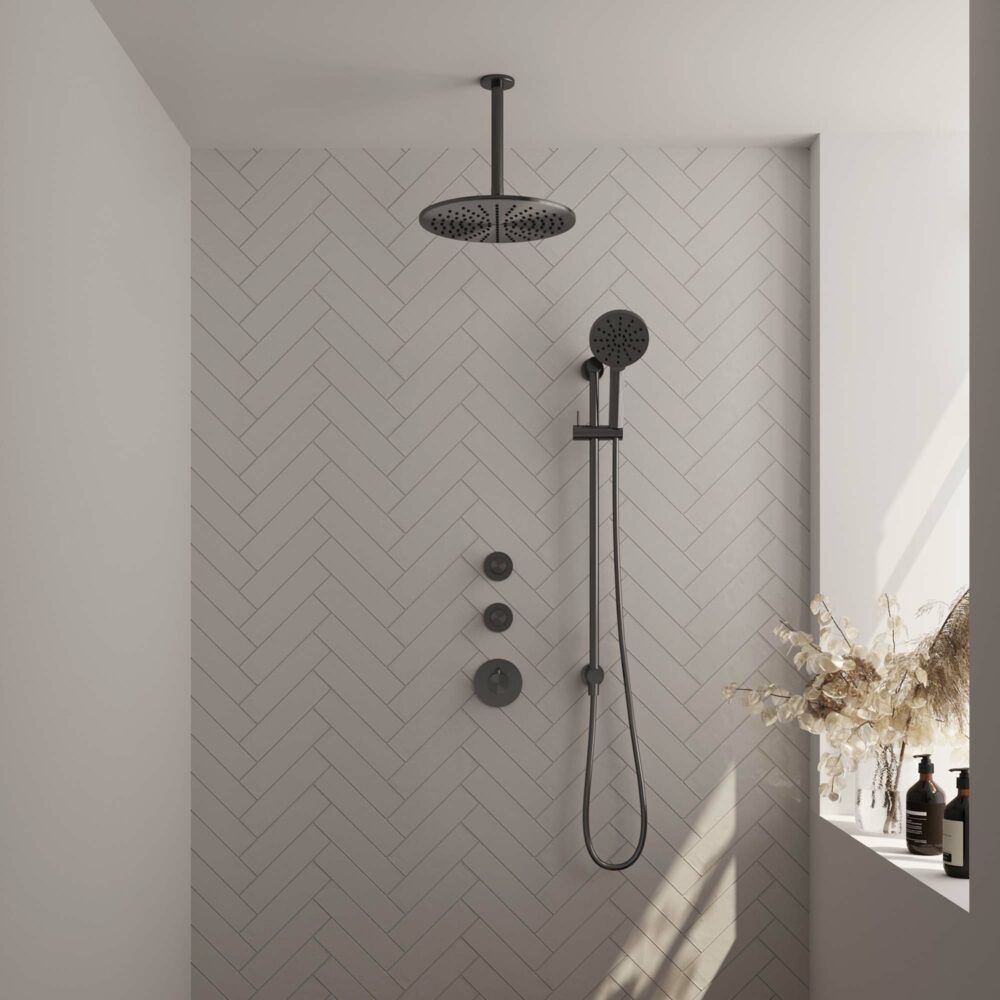 Brauer Gunmetal Carving thermostatische inbouw regendoucheset 20cm plafondarm met 30cm ronde hoofddouche 3 standen ronde handdouche 150cm gladde doucheslang met glijstang en handdouchehouder Gunmetal geborsteld PVD 5-GM-120