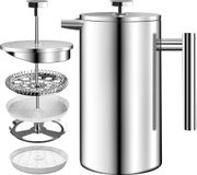 Cafetière à piston en acier inoxydable sans marque 34oz (1,0 litre) avec système de filtration à 3 niveaux - Cafetière isolée à double paroi avec 1 filtre supplémentaire (Argent)