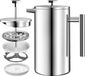 Cafetière à piston en acier inoxydable sans marque 34oz (1,0 litre) avec système de filtration à 3 niveaux - Cafetière isolée à double paroi avec 1 filtre supplémentaire (Argent)