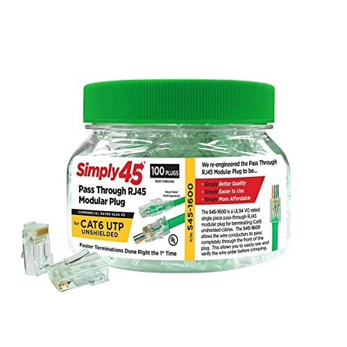 Simply45 Unshielded Pass-Through RJ45 Modulaire Stekkers voor 23AWG Solid (Cat6 UTP), 26-24AWG Gestrande (Cat5e/6 UTP Stranded) - Groene Tint, 100 Stuk Jar - S45-1600