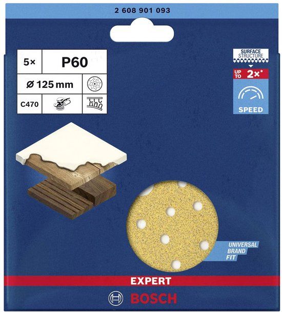 Bosch Professional Bosch 5x Expert C470 schuurpapier met meerdere gaatjes voor excenterschuurmachines 125 mm, K60