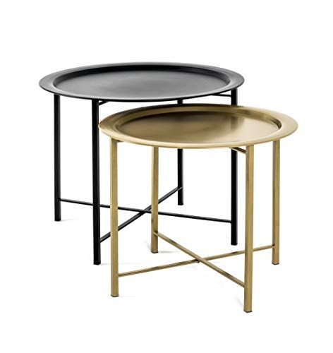 Haku Möbel 2-delige set tafel - buisstaal - zwart-goud - H 44/49 x Ø 52/62 cm