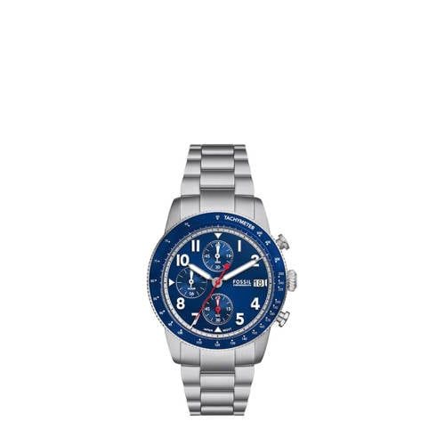 Fossil FS6047 Sport Tourer Heren Horloge - Zilverkleurig - Blauwe Wijzerplaat - Stalen Band