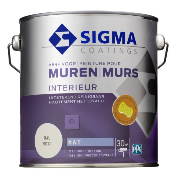 Sigma - Doe Het Zelf Sigma Muurverf reinigbaar mat - RAL 9010 - 2.5L