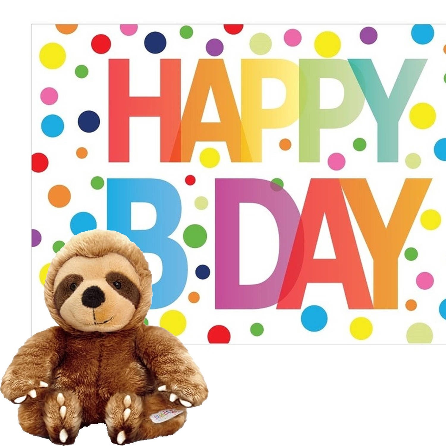 Keel Toys pluche dieren knuffel luiaard 14 cm met happy birthday wenskaart - knuffeldier