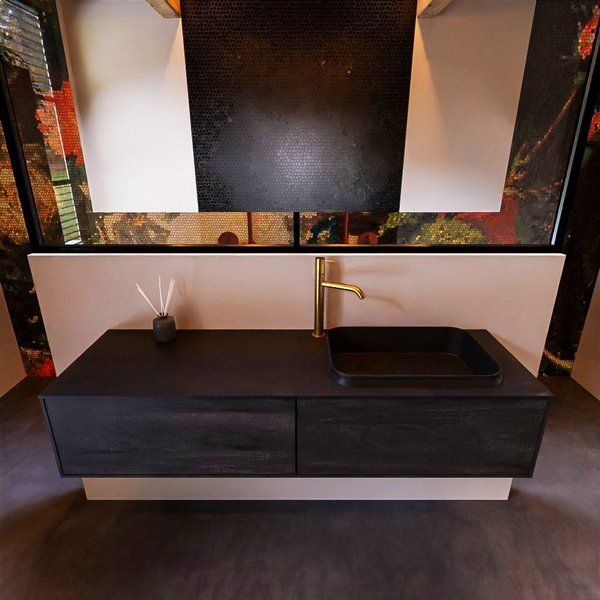 Mondiaz ERIN 150cm badmeubelset Dark brown met 2 lades + Wastafel RIDGE rechts 1 kraangat