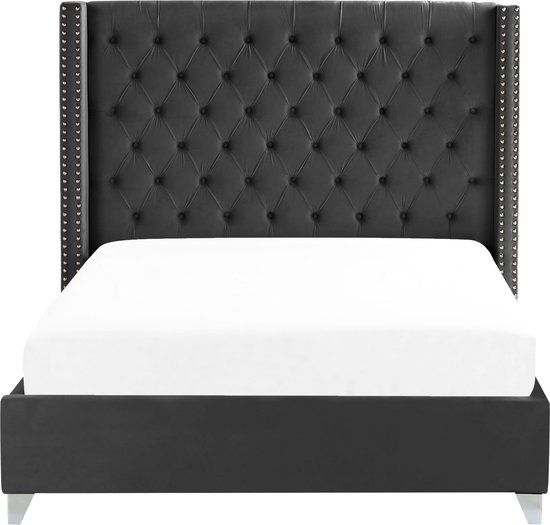 Beliani Lubbon - Tweepersoonsbed - Zwart - 160x200 cm - Fluweel - Lattenbodem