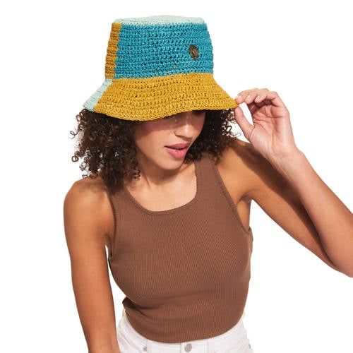 Kurt Geiger raffia bucket hat blauw/geel