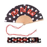 Fisura - Houten waaier met stippenpatroon met boodschap "no ni ná". Modieus en kleurrijk accessoire, zwart-wit handventilator met haak inbegrepen. Afmetingen: 42,5 x 23 cm