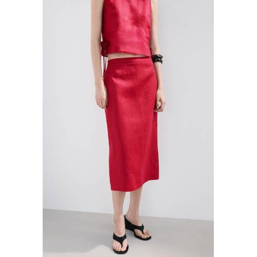 Mango Red Linen Pencil Skirt