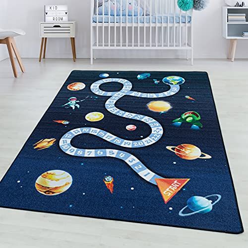 simpex Laagpolig kindertapijt kinderkamer Tapijt Speelkleed Ruimte planeet raket Blauw 140x200 cm