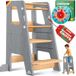 KIDIZ® Tour d'apprentissage avec horloge d'apprentissage - Bois de pin, réglable en hauteur 3 positions - Gris et pin